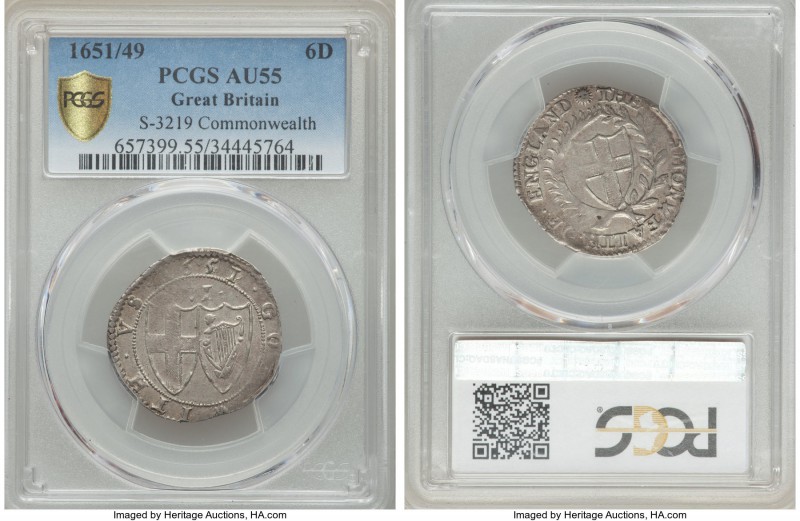 Commonwealth 6 Pence 1651/49 AU55 PCGS, Sun mm, KM389.1, S-3219. Remarkably the ...