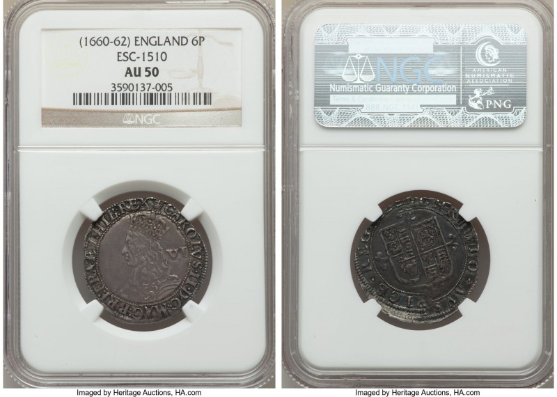 Charles II 6 Pence ND (1660-1662) AU50 NGC, Tower mint, Crown mm, Third Issue, K...