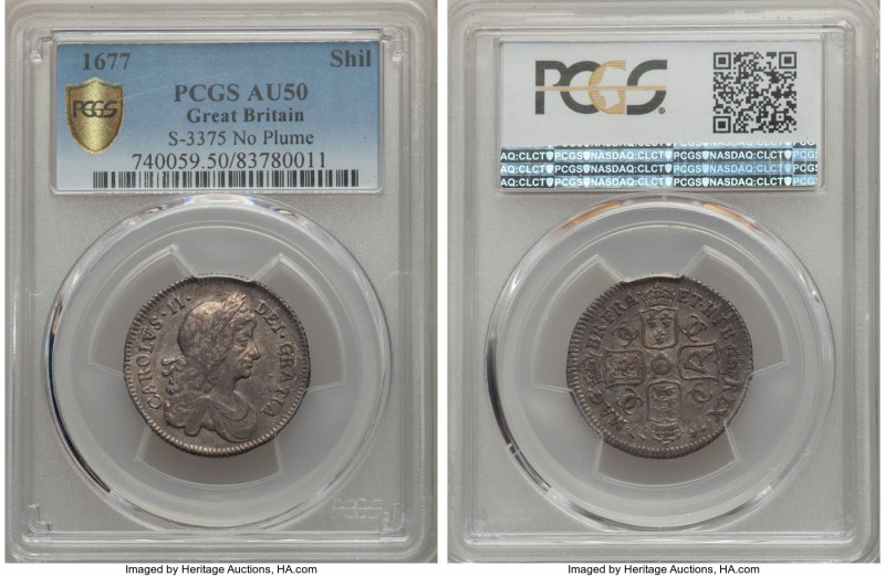 Charles II Shilling 1677 AU50 PCGS, KM427.1, S-3375. Variety without plume. A pi...