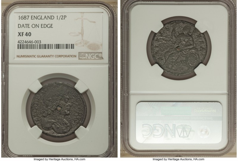 James II tin 1/2 Penny 1687 XF40 NGC, KM448, S-3419. Variety with date on edge. ...