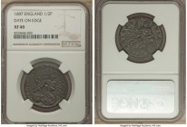 James II tin 1/2 Penny 1687 XF40 NGC, KM448, S-3419. Variety with date on edge. Impressively glossy for the characteristic roughness the piece, clearl...