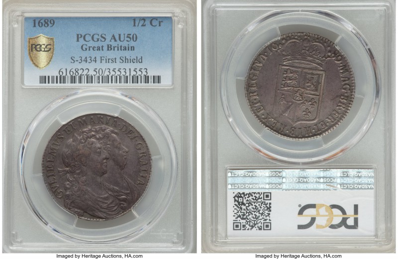 William & Mary 1/2 Crown 1689 AU50 PCGS, KM472.1, S-3434. The highly desirable f...