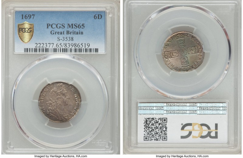 William III 6 Pence 1697 MS65 PCGS, KM496.1, S-3538. A lofty gem for William's u...