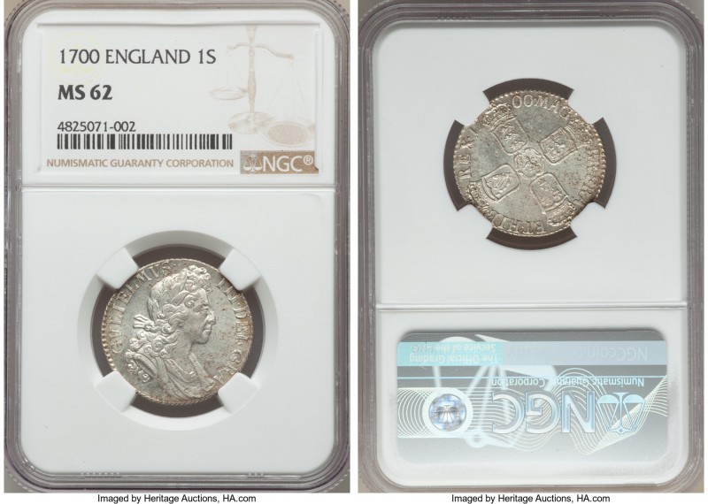 William III Shilling 1700 MS62 NGC, KM504.1, S-3516. An icy specimen utterly dev...