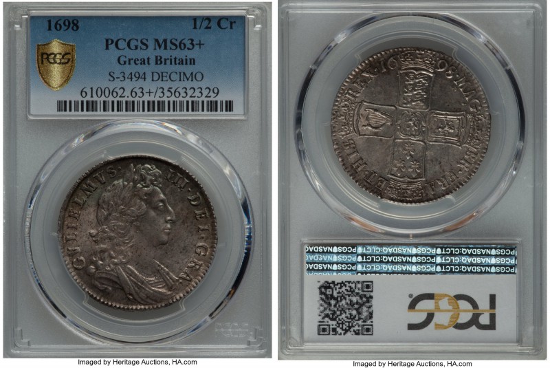 William III 1/2 Crown 1698 MS63+ PCGS, KM492.2, S-3494. DECIMO edge. Pervaded by...