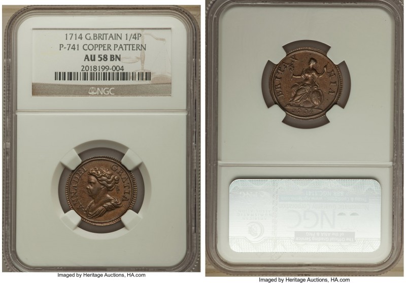 Anne copper Pattern Farthing 1714 AU58 Brown NGC, KM537, Peck-741. Expressing a ...
