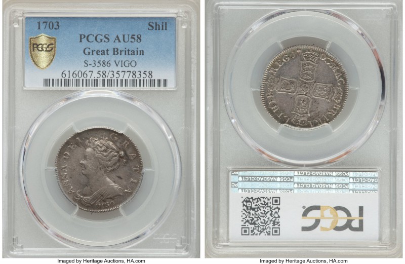 Anne Shilling 1703-VIGO AU58 PCGS, KM517.1, S-3586. An emission from what is per...