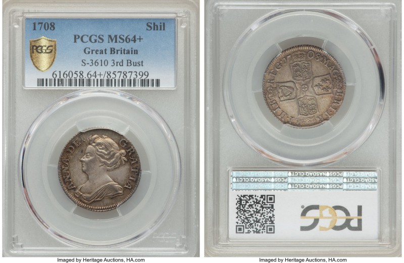 Anne Shilling 1708 MS64+ PCGS, KM523.1, S-3610. Third Bust. So nearly gem for an...