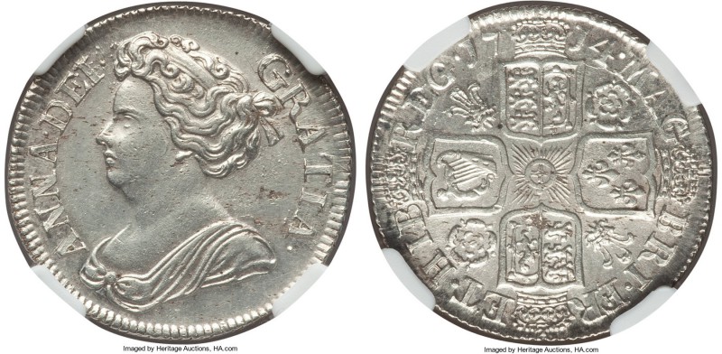 Anne Shilling 1714 MS63 NGC, KM533.1. A phenomenal outlier of Anne's coinage, le...