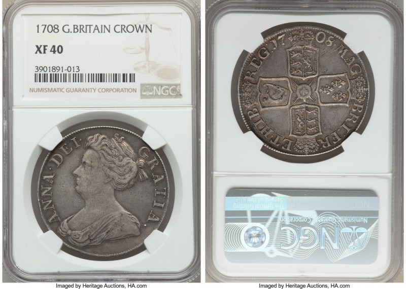 Anne Crown 1708 XF40 NGC, KM526.3. A beloved, but usually poorly preserved crown...