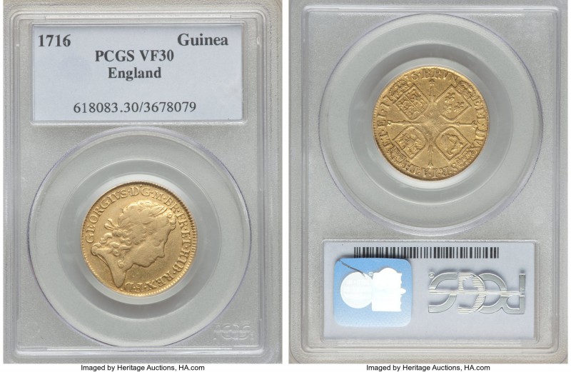 George I gold Guinea 1716 VF30 PCGS, KM546.1. Rather weakly struck towards the c...