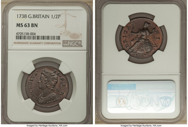 George II 1/2 Penny 1738 MS63 Brown NGC, KM566. A commendably presentable choice...