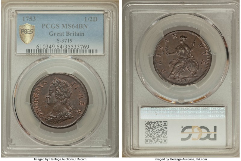 George II 1/2 Penny 1753 MS64 Brown PCGS, KM579.2, S-3719. A usually well-circul...