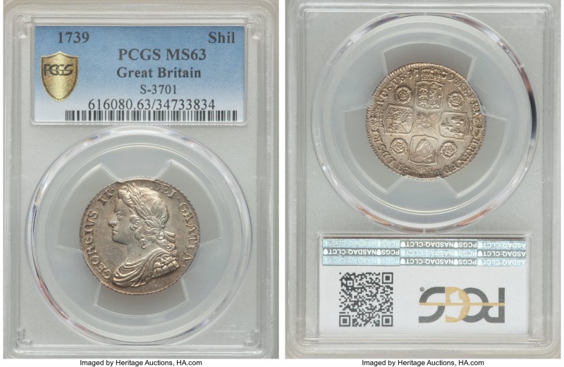 George II Shilling 1739 MS63 PCGS, KM561.4, S-3701. Perfectly watery in the oute...
