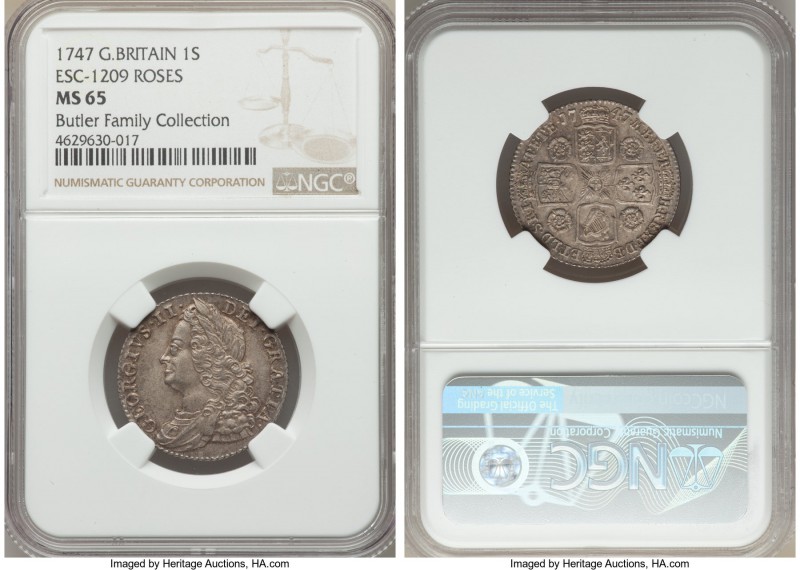 George II Shilling 1747 MS65 NGC, KM583.1, ESC-1209. A lightly toned gem example...