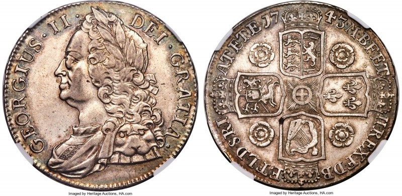 George II Crown 1743 AU53 NGC, KM585.1, S-3688, ESC-124. Variety with roses in t...
