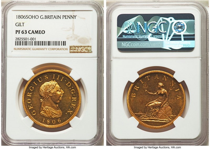 George III gilt-copper Proof Penny 1806-SOHO PR63 Cameo NGC, Soho mint, KM663b. ...