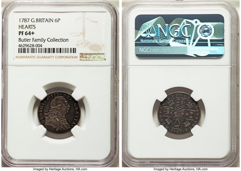 George III Proof 6 Pence 1787 PR64+ NGC, KM606.2. Variety with hearts in the Han...