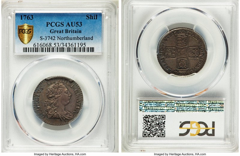 George III "Northumberland" Shilling 1763 AU53 PCGS, KM597, S-3742. A popular an...