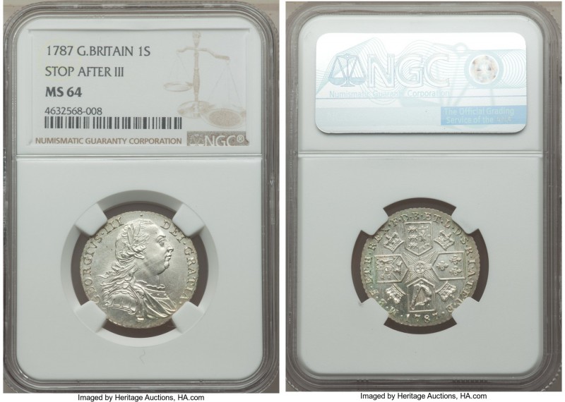 George III Shilling 1787 MS64 NGC, KM607.2. With stop after III and hearts in th...