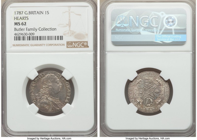 George III Shilling 1787 MS62 NGC, KM607.2. Variety with hearts in the Hanoveria...