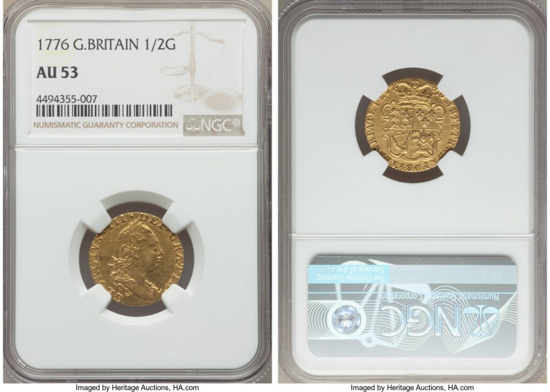 George III gold 1/2 Guinea 1776 AU53 NGC, KM605. One of the most collectable dat...