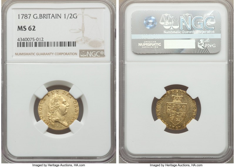 George III gold 1/2 Guinea 1787 MS62 NGC, KM608, S-3735. Impressively flashy wit...