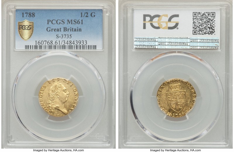George III gold 1/2 Guinea 1788 MS61 PCGS, KM608, S-3735. Masterfully rendered i...