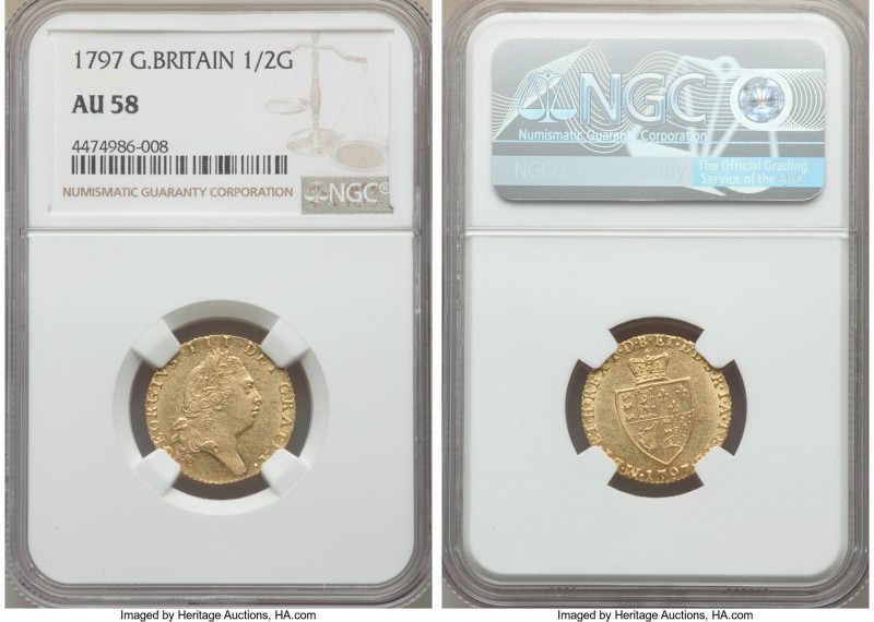 George III gold 1/2 Guinea 1797 AU58 NGC, KM608. Exquisite detail is preserved i...