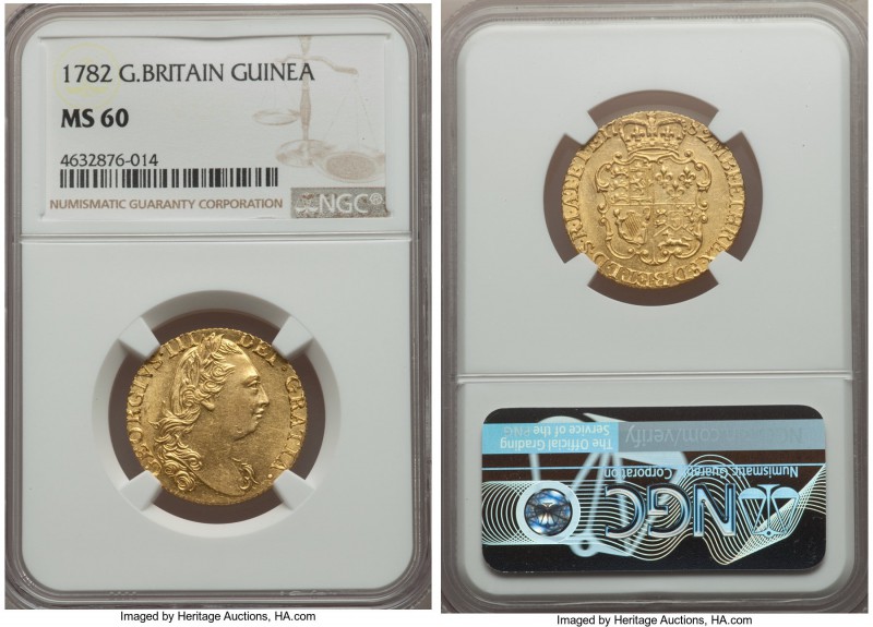 George III gold Guinea 1782 MS60 NGC, KM604, S-3728. Bright lemon-gold with full...