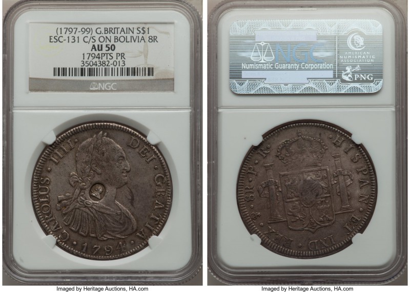 George III Counterstamped Bank Dollar of 5 Shillings ND (1797-1799) AU50 NGC, KM...