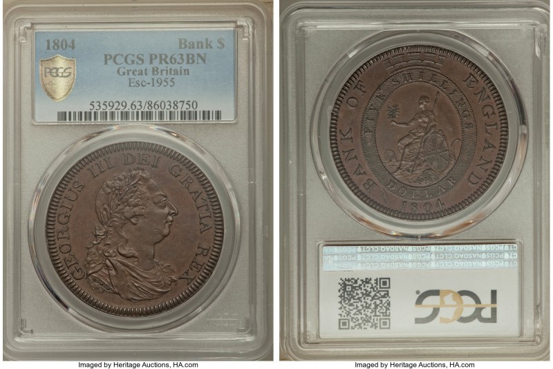 George III copper Proof Bank Dollar of 5 Shillings 1804 PR63 Brown PCGS, KM-Tn1a...