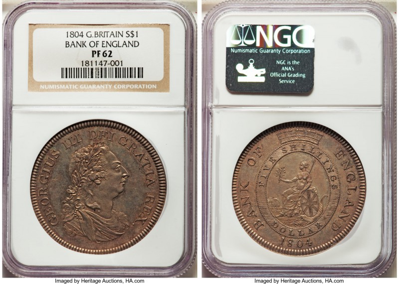 George III Proof Bank Dollar of 5 Shillings 1804 PR62 NGC, KM-Tn1. A dazzling re...