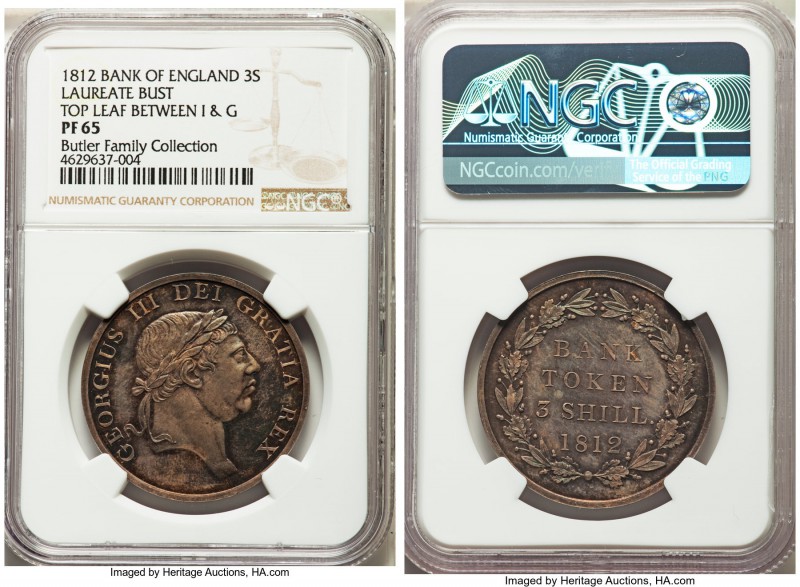 George III Proof Bank 3 Shilling Token 1812 PR65 NGC, KM-Tn5. Laureate bust, wit...