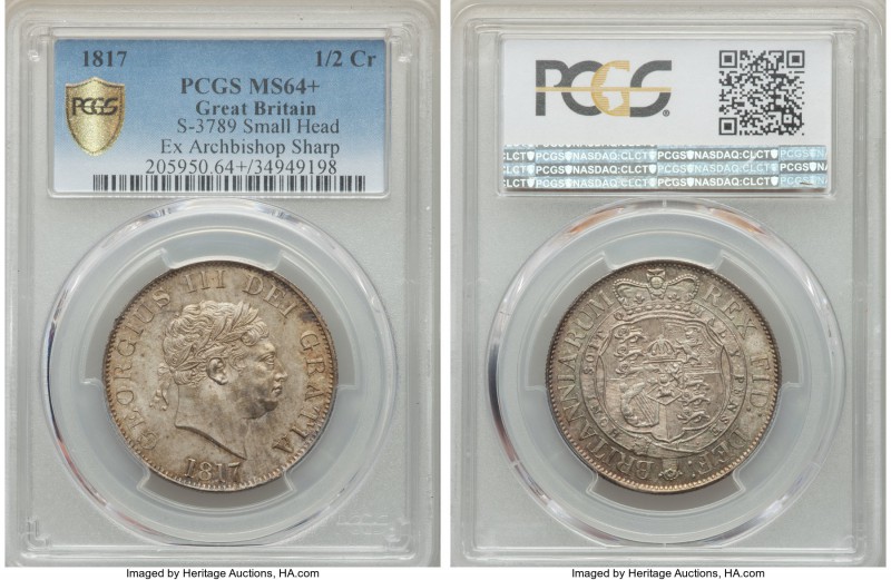 George III 1/2 Crown 1817 MS64+ PCGS, KM672, S-3789. Small bust type. An practic...
