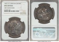 George III Crown 1820 UNC Details (Obverse Scratched) NGC, KM675, S-3787. A dramatic error piece, in which the H in HONI has first been punched sidewa...