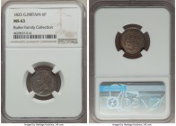 George IV 6 Pence 1825 MS63 NGC, KM691. Phenomenally toned with crackling peripheral cobalts cascading into rosaceous apricot against the king's steel...