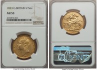 George IV gold 2 Pounds 1823 AU53 NGC, KM690, S-3798. A coveted large-size gold issue of George IV, preserving strong central devices with minimal tra...