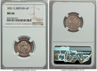 William IV 6 Pence 1831 MS66 NGC, KM712, S-3836. Truly exceptional, the silver of the fields complemented by darkened toning accents silhouetting the ...