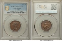 Victoria Farthing 1844 MS62 Brown PCGS, KM725, S-3950. With just a single example certified higher from both NGC and PCGS combined, this milk-chocolat...