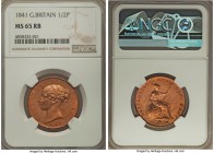 Victoria 1/2 Penny 1841 MS65 Red and Brown NGC, KM726. Exquisitely bright red for an issue that almost universally comes darkly toned, the portrait of...