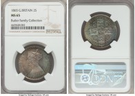 Victoria Gothic Florin 1865 MS65 NGC, KM746.3, S-3892. One of only 4 gem-certified examples for the year from both NGC and PCGS combined, and bathed i...