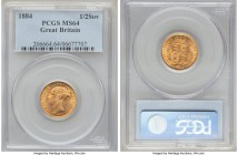 Victoria gold 1/2 Sovereign 1884 MS64 PCGS, KM735.1. A veritably high grade for this scarcer 1/2 sovereign date, outranked by only a single finer exam...