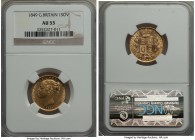 Victoria gold Sovereign 1849 AU53 NGC, Royal mint, KM736.1. Although lightly circulated, the specimen shows full original luster along the obverse per...