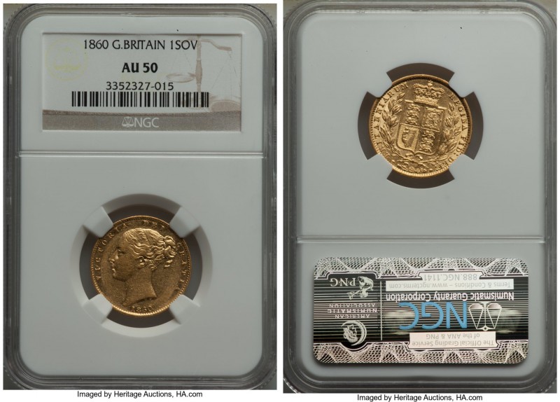 Victoria gold Sovereign 1860 AU50 NGC, Royal mint, KM736.1. Attractive for the g...