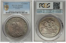 Victoria Crown 1887 MS63 PCGS, KM765, S-3921. An impressively choice specimen that brims with a playful iridescence of blue, apricot, and seafoam colo...