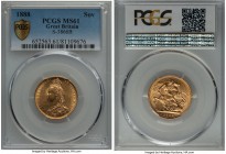 Victoria gold Sovereign 1888 MS61 PCGS, Royal mint, KM767, S-3866B. Unusually attractive for the grade, with only an even dispersion of very light wea...