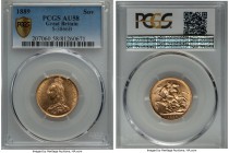 Victoria gold Sovereign 1889 AU58 PCGS, Royal mint, KM767, S-3866B. Nearly imperceptible wear on the high points is all that keeps this offering from ...