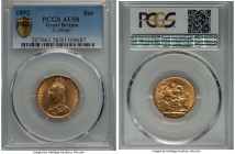 Victoria gold Sovereign 1892 AU58 PCGS, Royal mint, KM767, S-3866C. A lustrous offering with all the appeal of a Mint State coin, with only the closes...