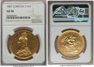 Victoria gold 5 Pounds 1887 AU58 NGC, KM769, S-3864. An incredibly charming and popular emission from Victoria's reign, still evincing a highly watery...